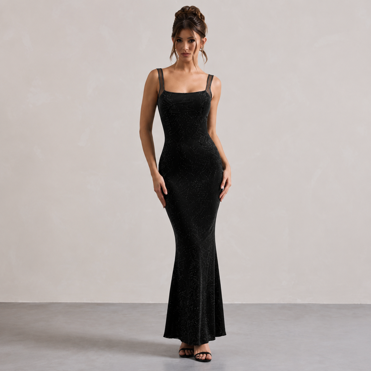 Square Neck Glitter Fishtail Bodycon Maxi Dress