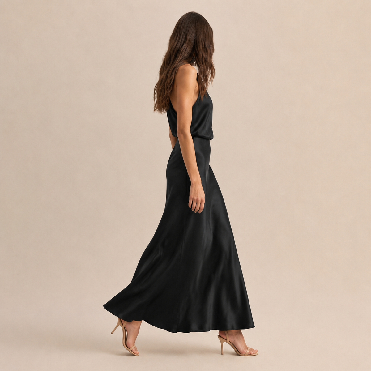 Satin Cowl Halter Neck Bias Cut Maxi Dress 4