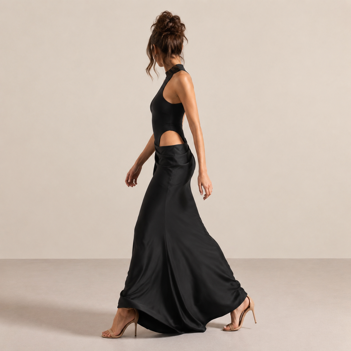 High Neck Cut Out Draped Satin Maxi Gown 4