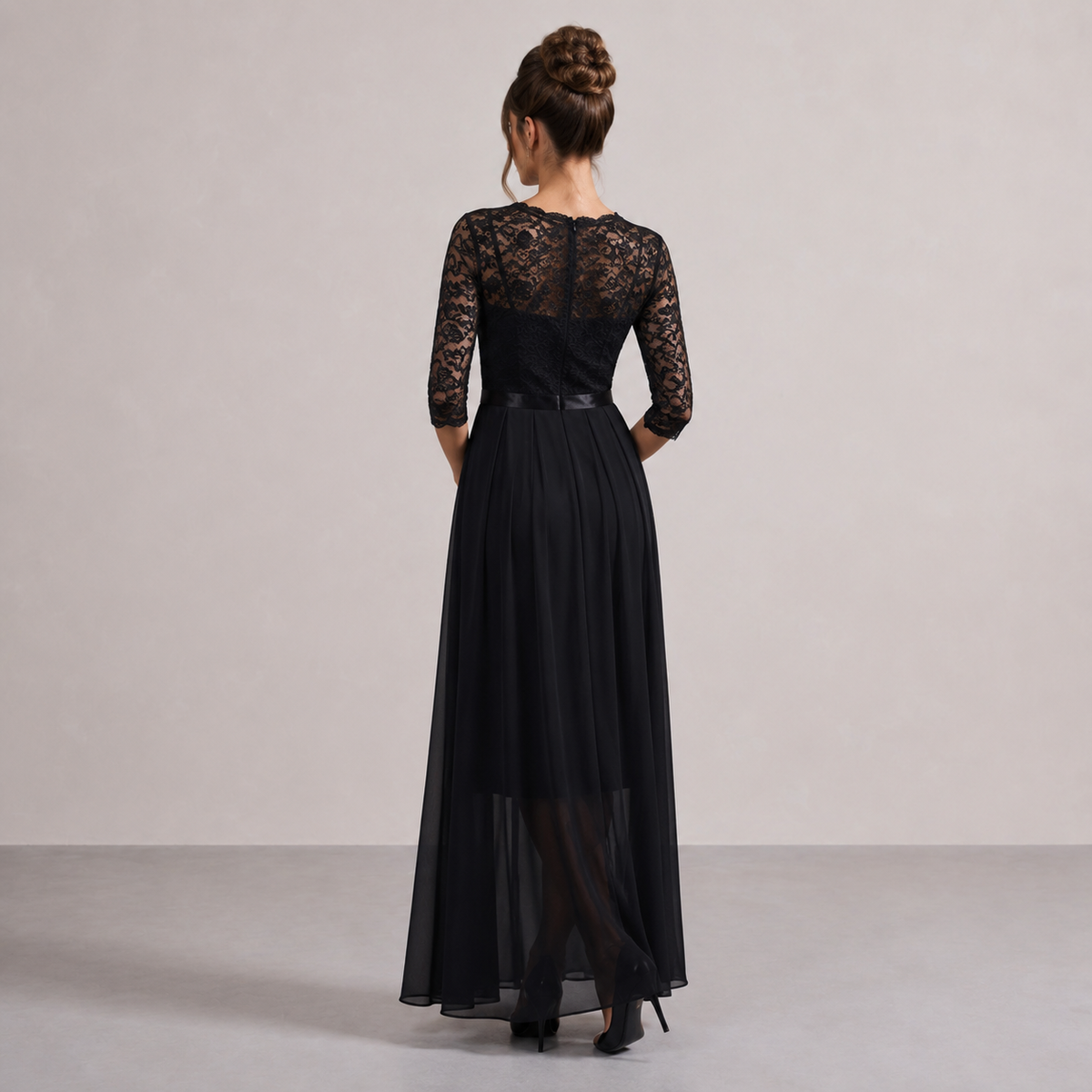 Lace Bodice Long Sleeve Pleated A-Line Maxi Gown 6