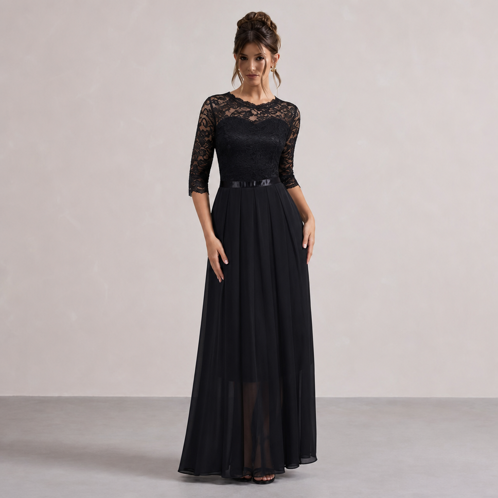 Lace Bodice Long Sleeve Pleated A-Line Maxi Gown 4