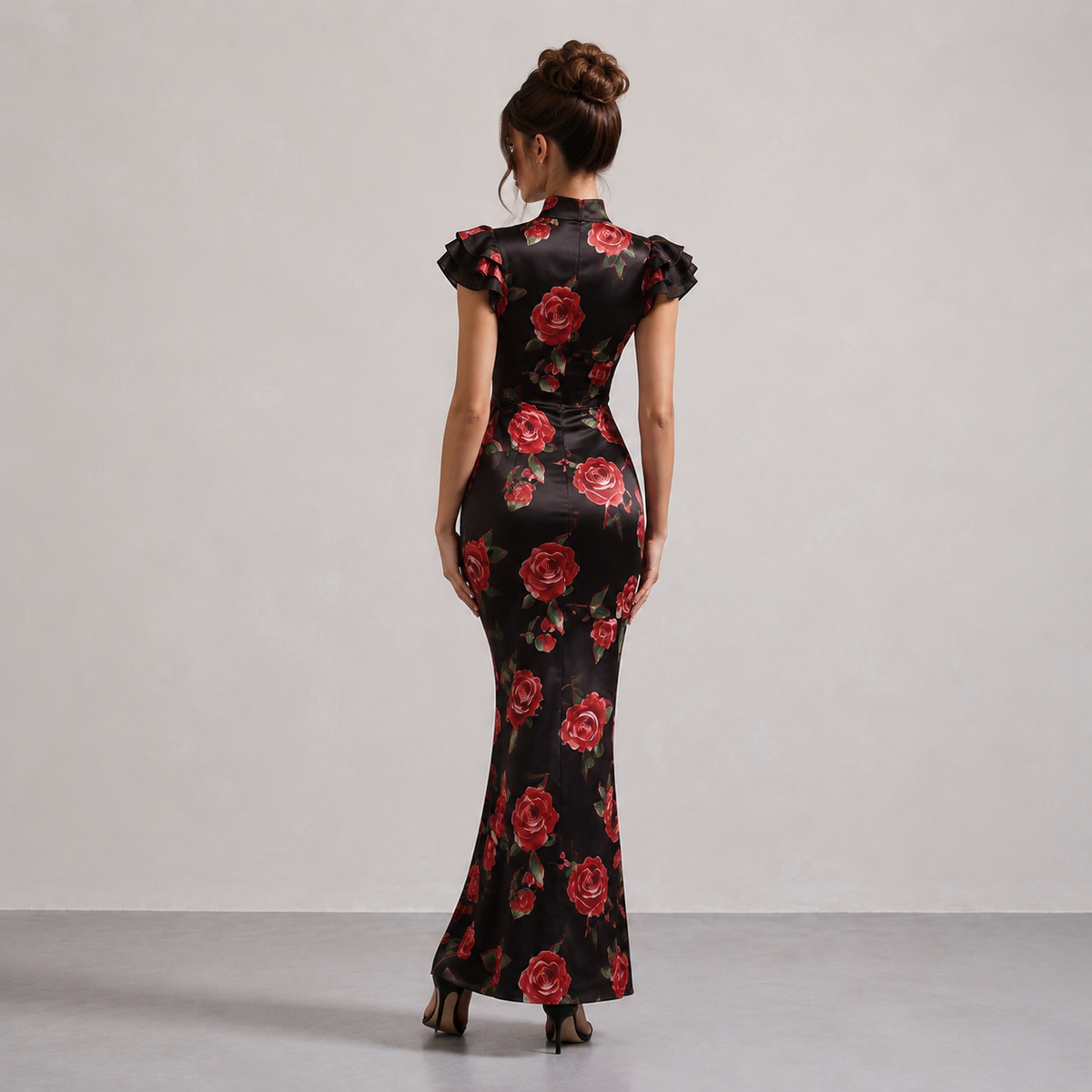 Rose Floral Mandarin Collar Ruffle Sleeve Fishtail Maxi Dress 3