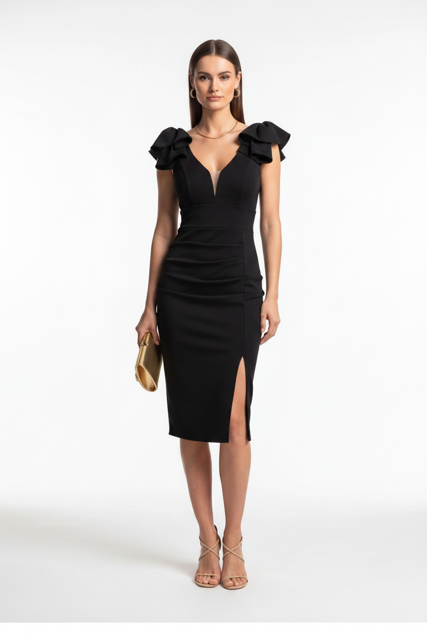 Deep V-Neck Shoulder Ruffle Waistband Bodycon Midi Cocktail Dress - View 6