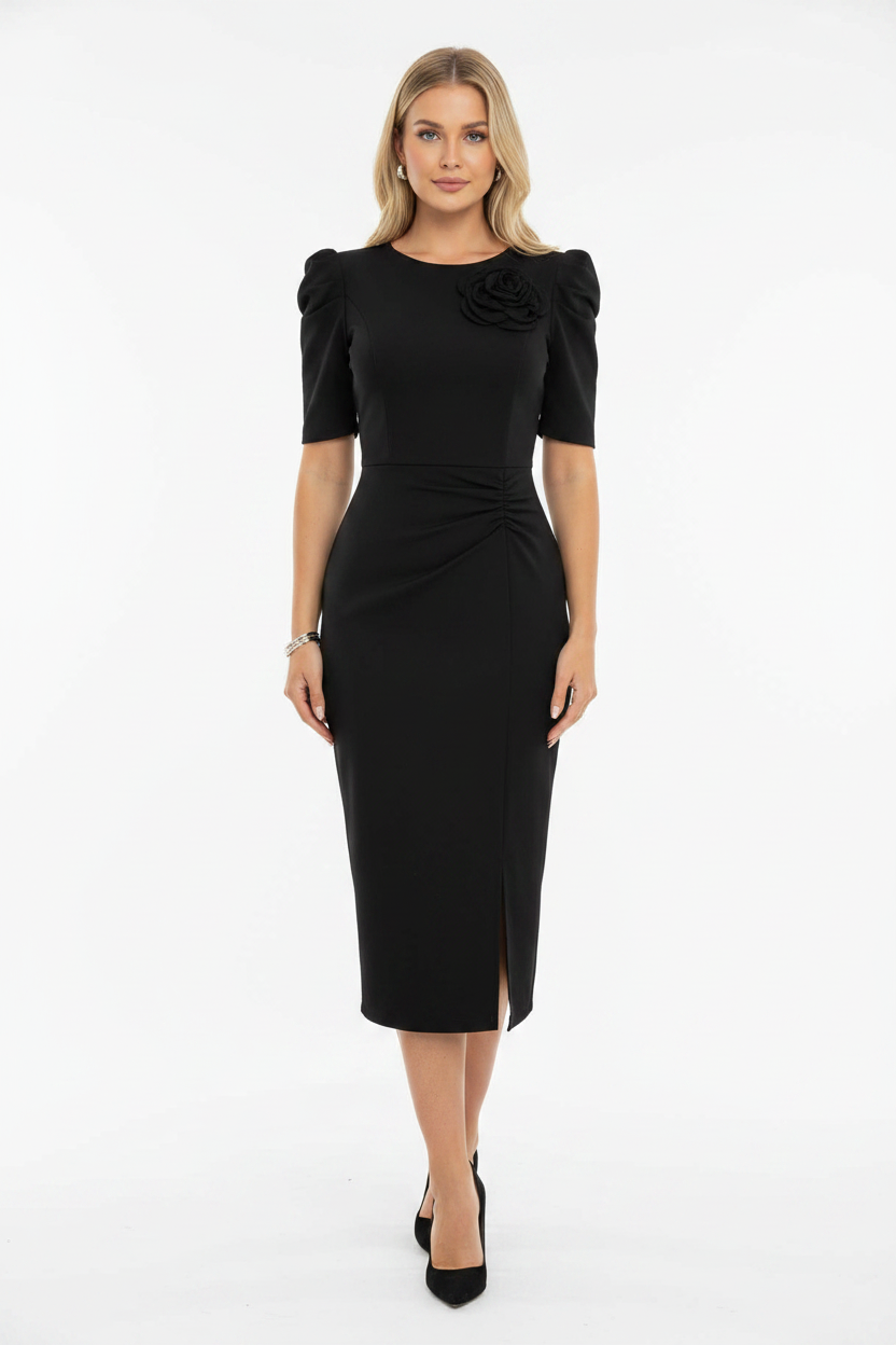 3D Floral Puff Sleeve Ruched High Split Bodycon Midi Dress - View 11