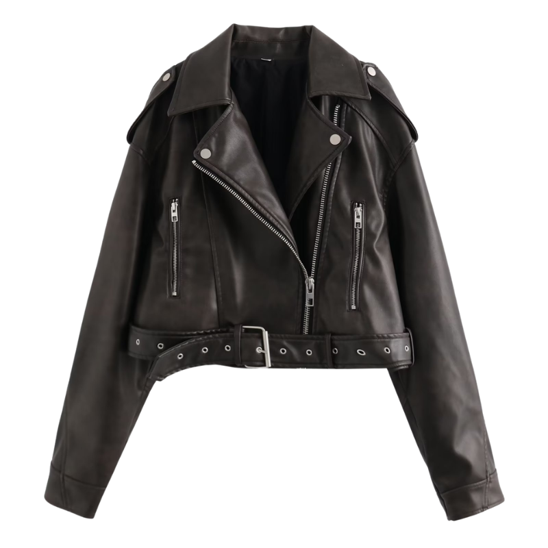 Faux Leather Lapel Belted Cropped Moto Jacket 2