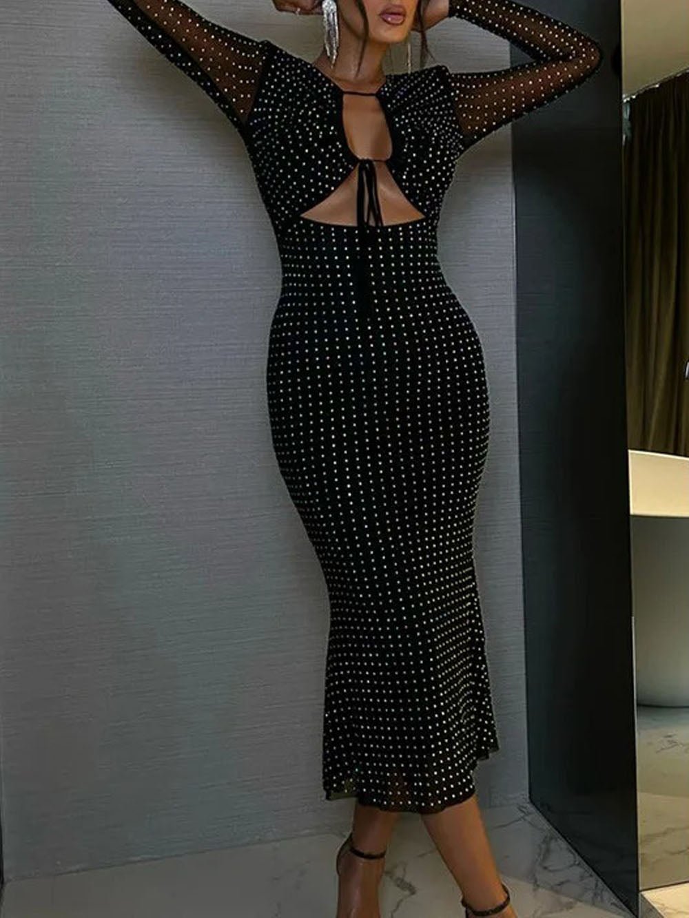 Rhinestone Mesh Long Sleeve Keyhole Cut Out Bodycon Midi Dress - View 3