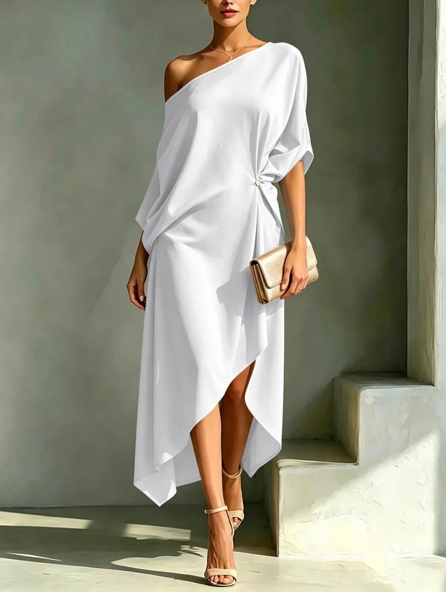 One Shoulder Short Sleeve Gathered Waist High Low Satin Maxi Dress 4