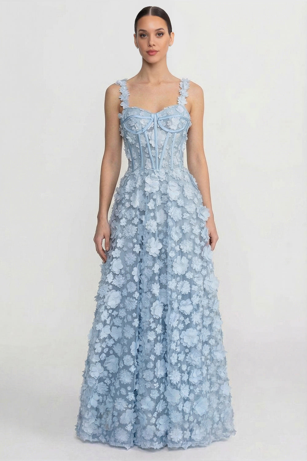 Floral Appliqué Maxi Dress With Corset Bodice - Blue - View 2