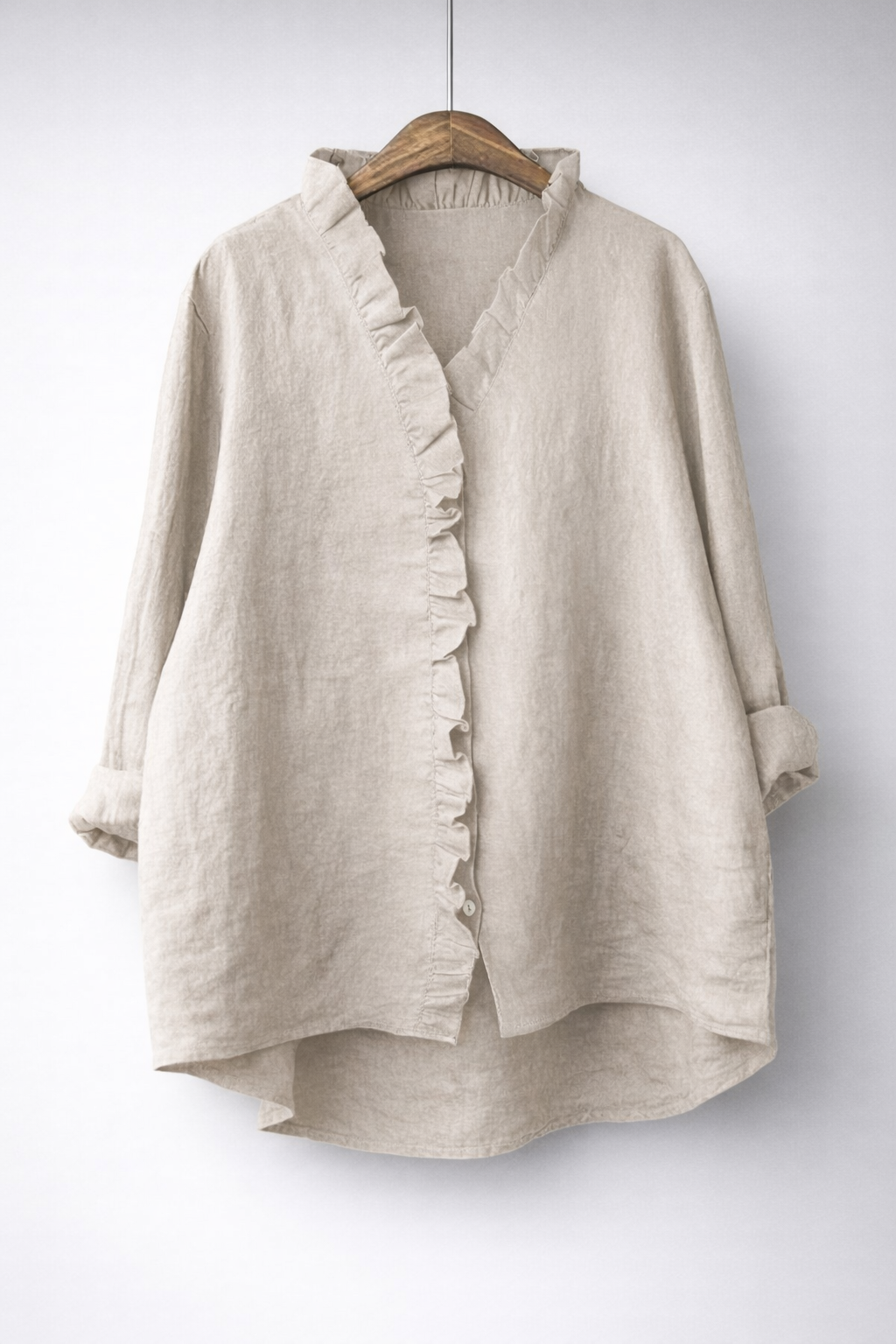 V-Neck Ruffle Placket Roll Sleeve Linen Shirt 11