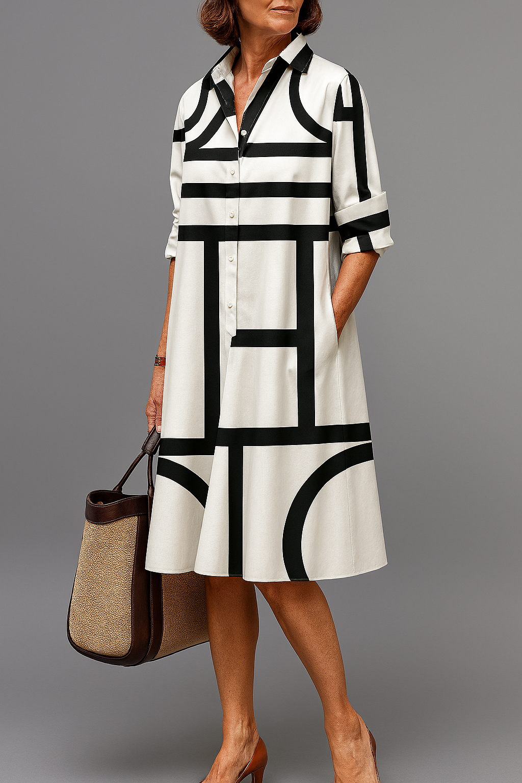 Geometric Print Button Front A-Line Midi Shirt Dress