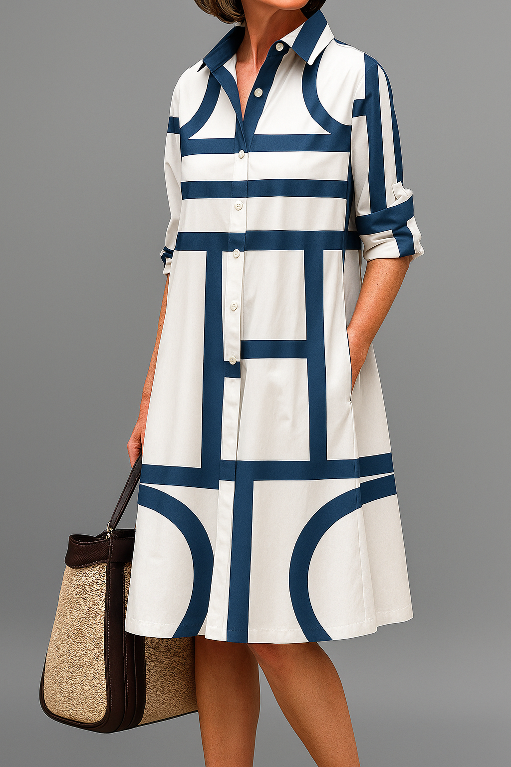Geometric Print Button Front A-Line Midi Shirt Dress