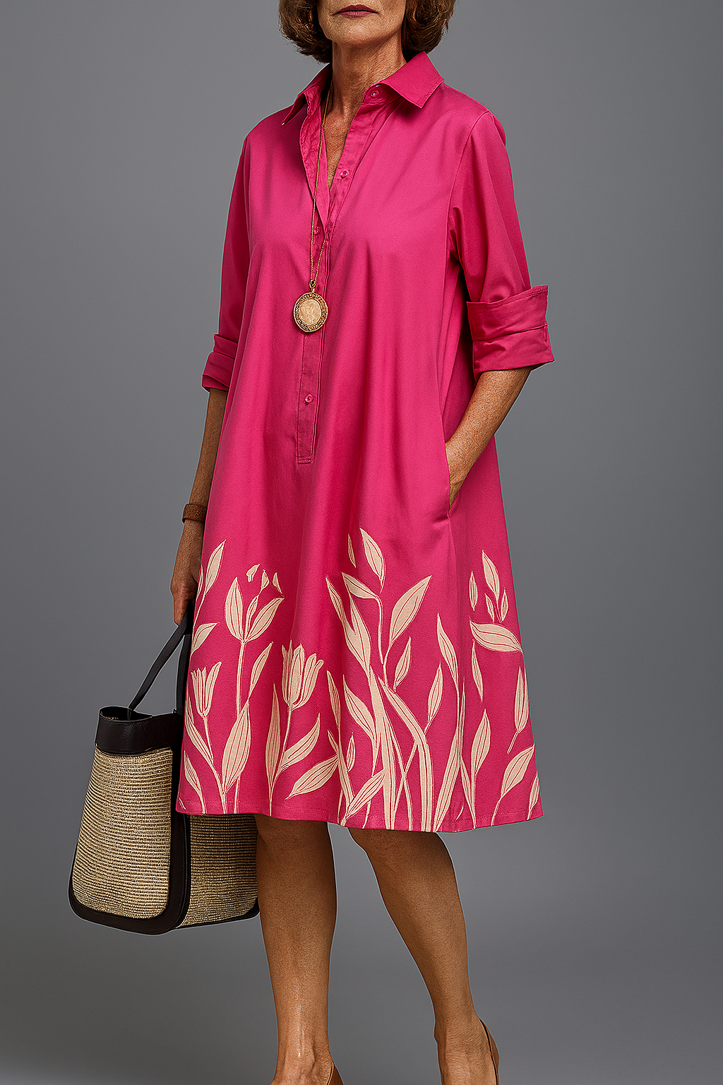 Floral Border Print Collared Button Placket A-Line Midi Dress