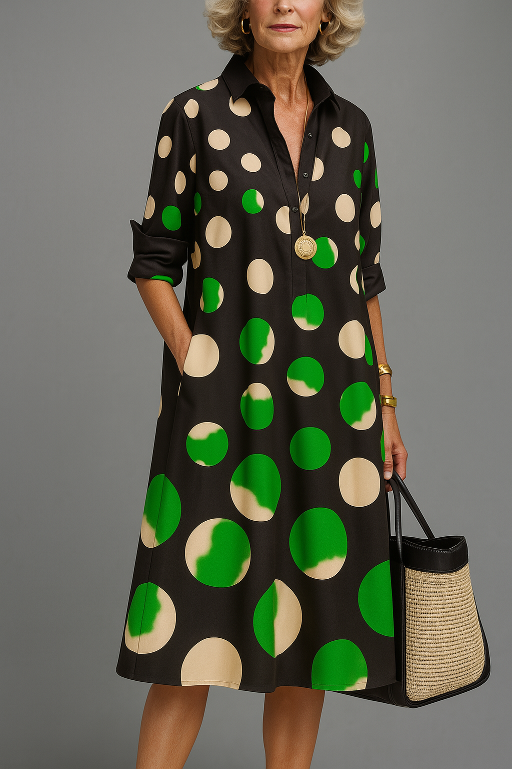 Collared Polka Dot Roll Sleeve A-Line Midi Shirt Dress