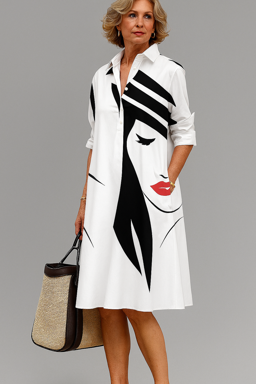 Face Print Collared Long Sleeve Button Placket Shirt Dress