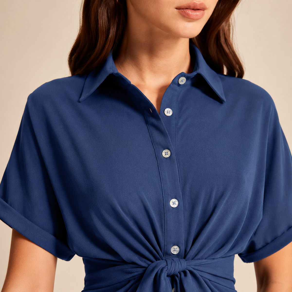 Collared Short Sleeve Tie Front Ruched Shirt Dress 8