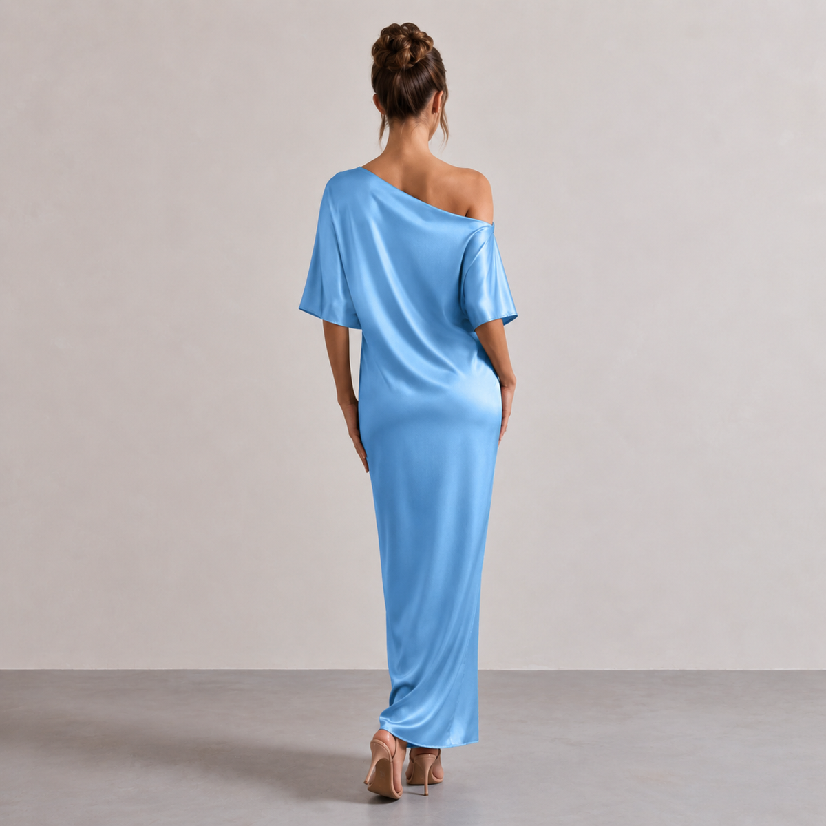 One Shoulder Batwing Sleeve Satin Side Split Maxi Dress 9