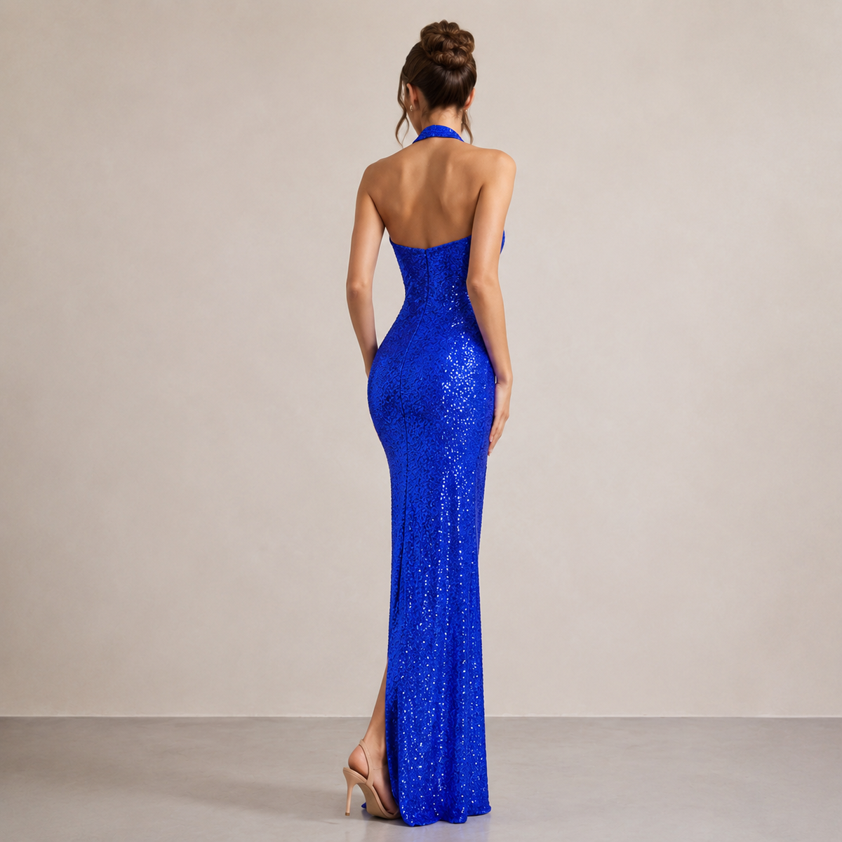 Halter Neck Sequin Backless High Split Maxi Gown 18