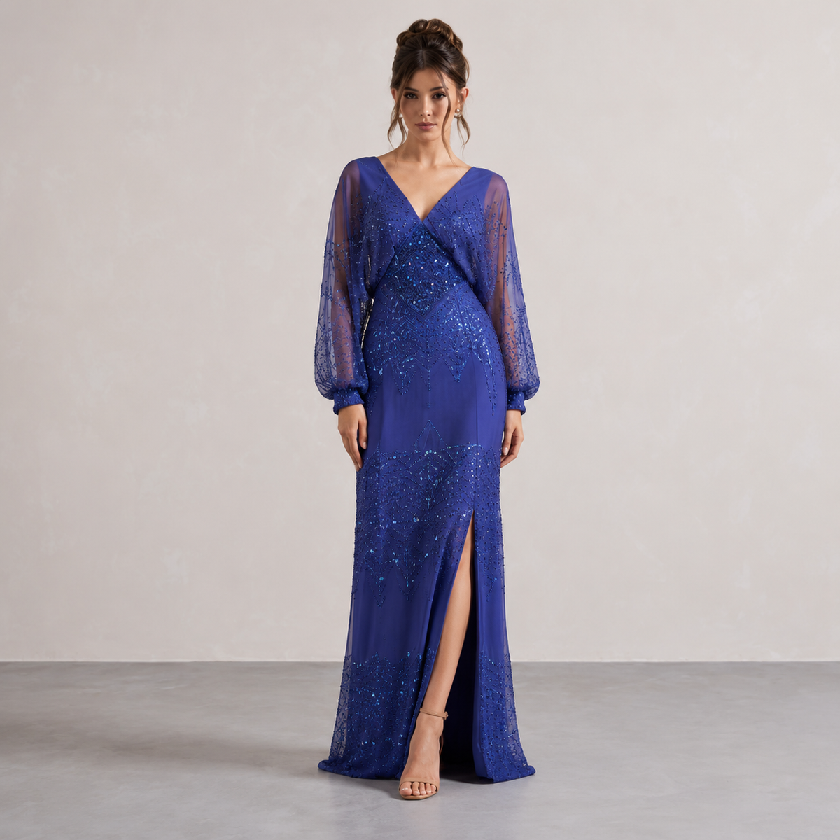 Sequin V-Neck Balloon Sleeve High Split Maxi Gown 7