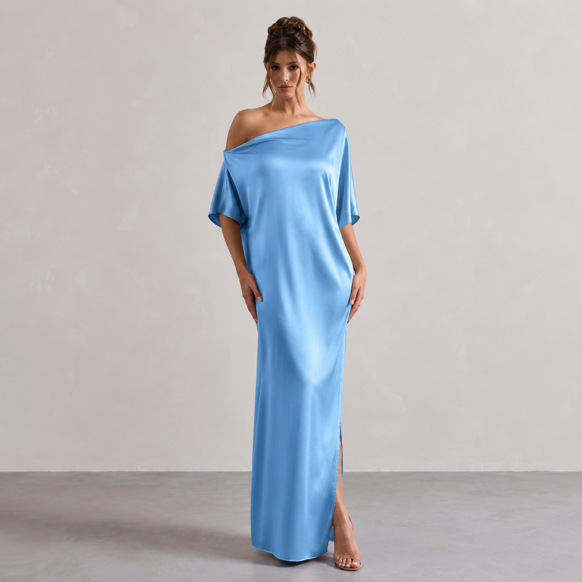 One Shoulder Batwing Sleeve Satin Side Split Maxi Dress 7