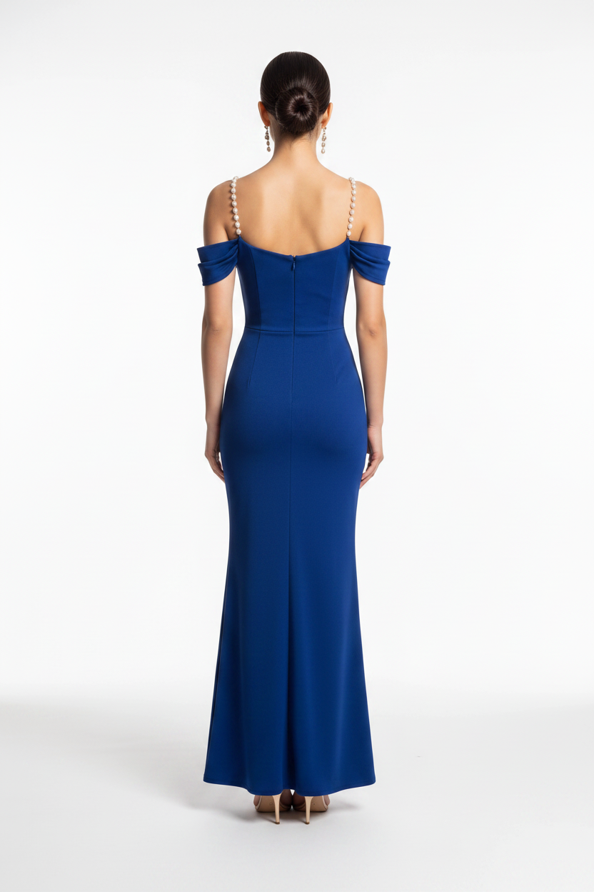 Cowl Neck Off Shoulder Pearl Strap High Split Bodycon Maxi Dress - View 8