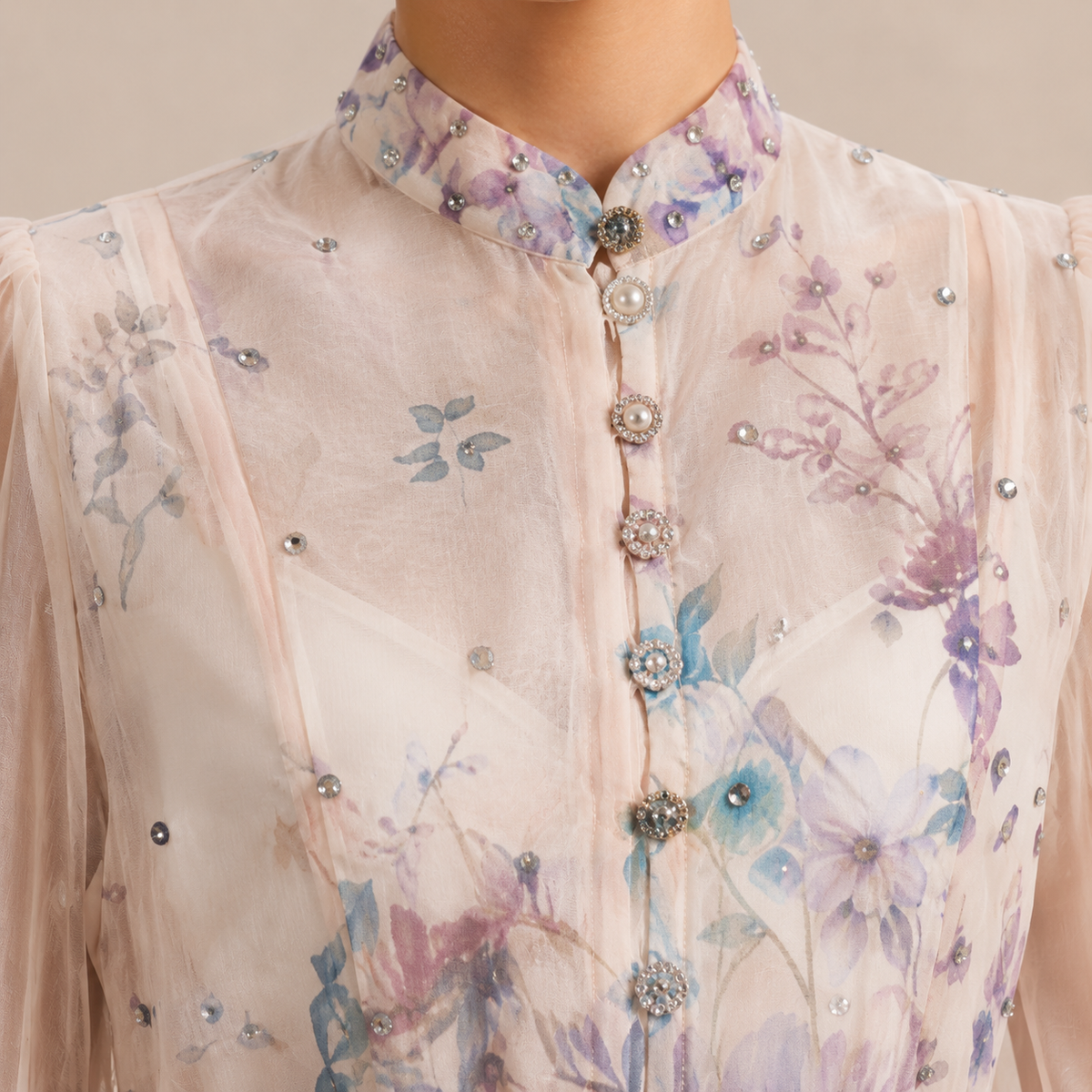 Floral High Neck Long Sleeve Belted Sheer Mini Dress 2