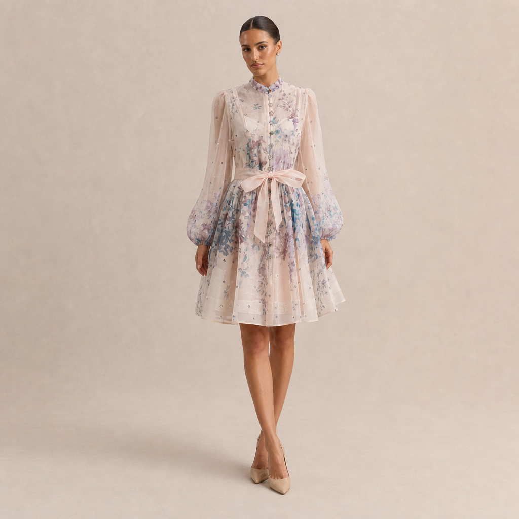 Floral High Neck Long Sleeve Belted Sheer Mini Dress