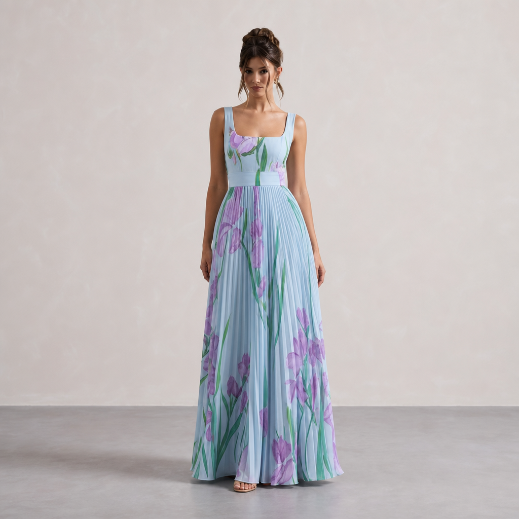 Square Neck Belted Floral Pleated Maxi Dress 7