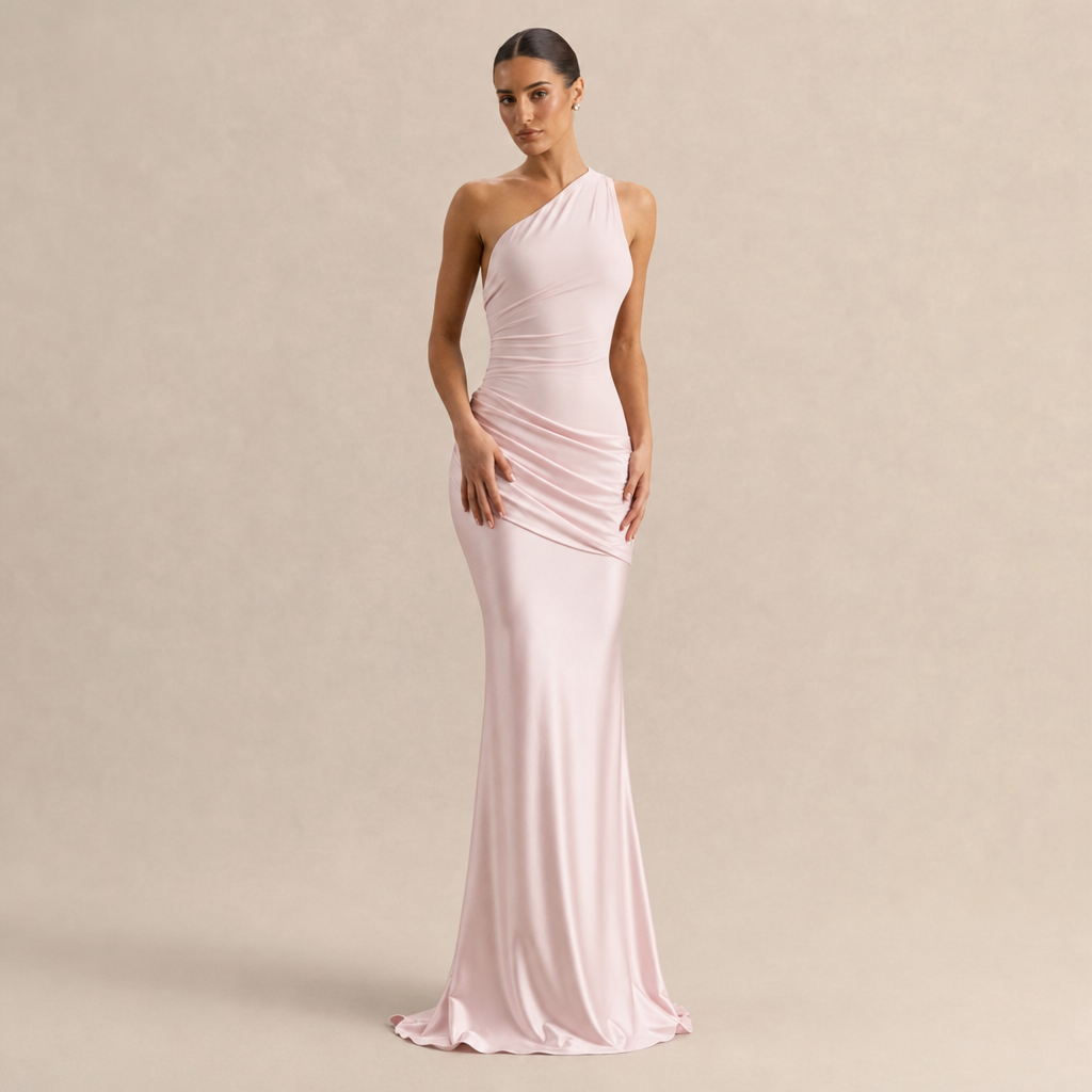 One Shoulder Ruched Satin Fishtail Maxi Gown 16