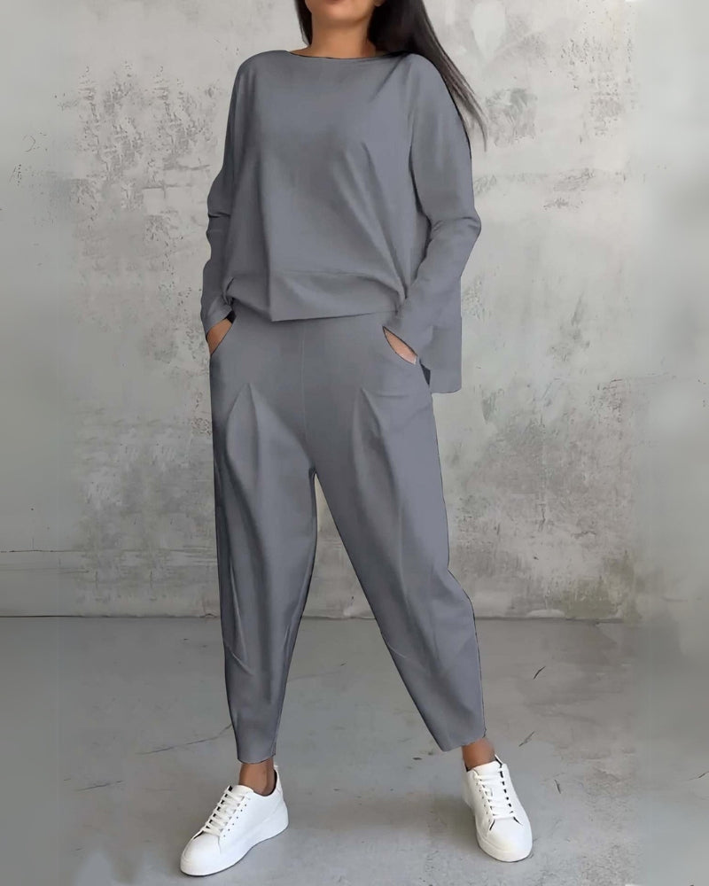 Boat Neck Long Sleeve Top and Tapered Pants Two Piece Lounge Set 4