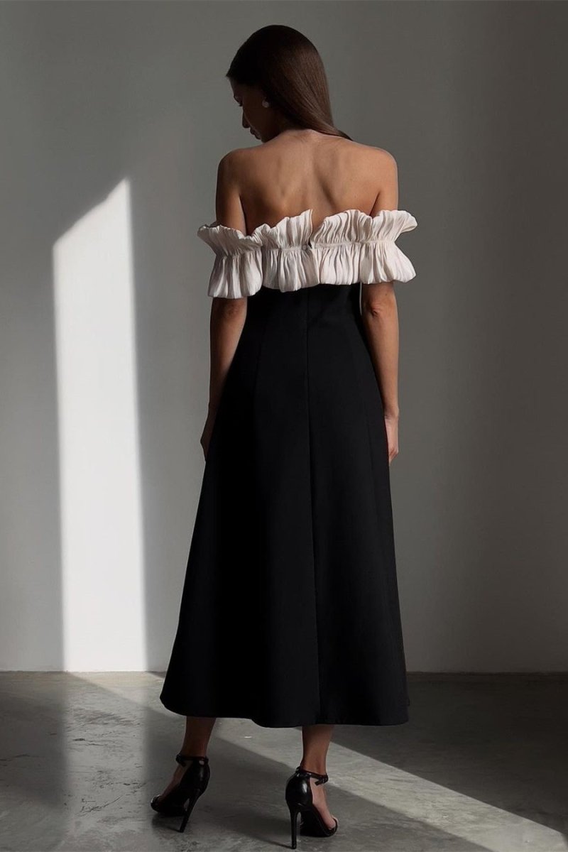 Off Shoulder Pleated Ruffle Neck Column Maxi Cocktail Dress - View 2