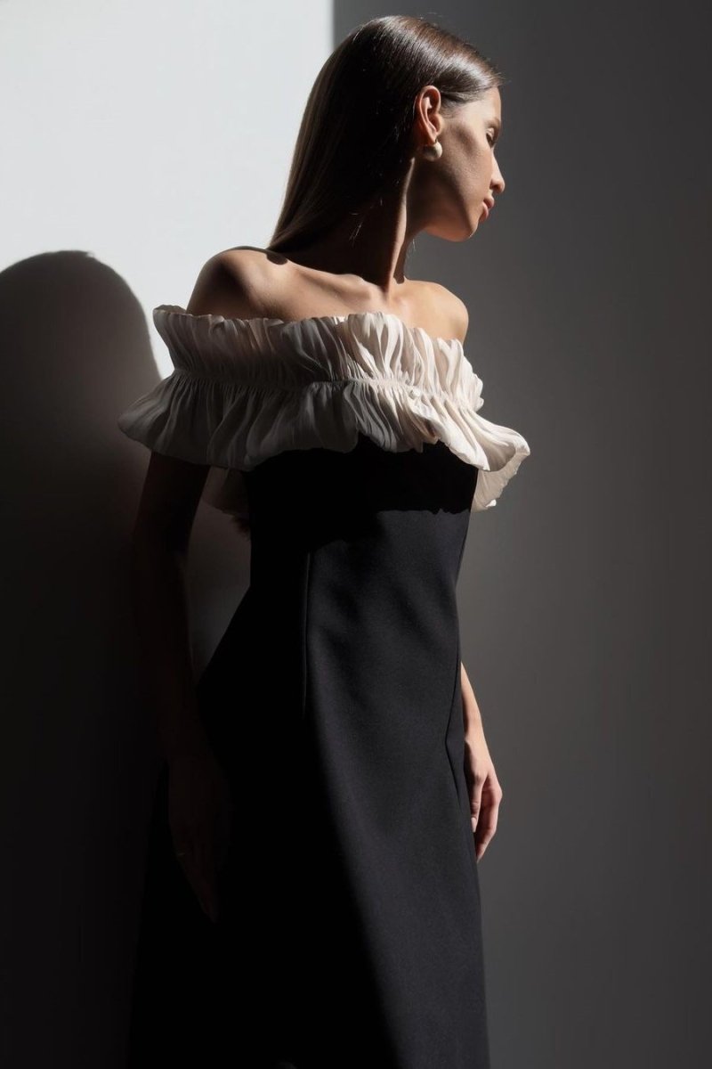 Off Shoulder Pleated Ruffle Neck Column Maxi Cocktail Dress - View 3
