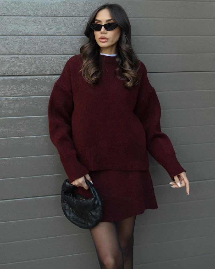 Crew Neck Oversized Knit Sweater and Mini Skirt Two Piece Set 2