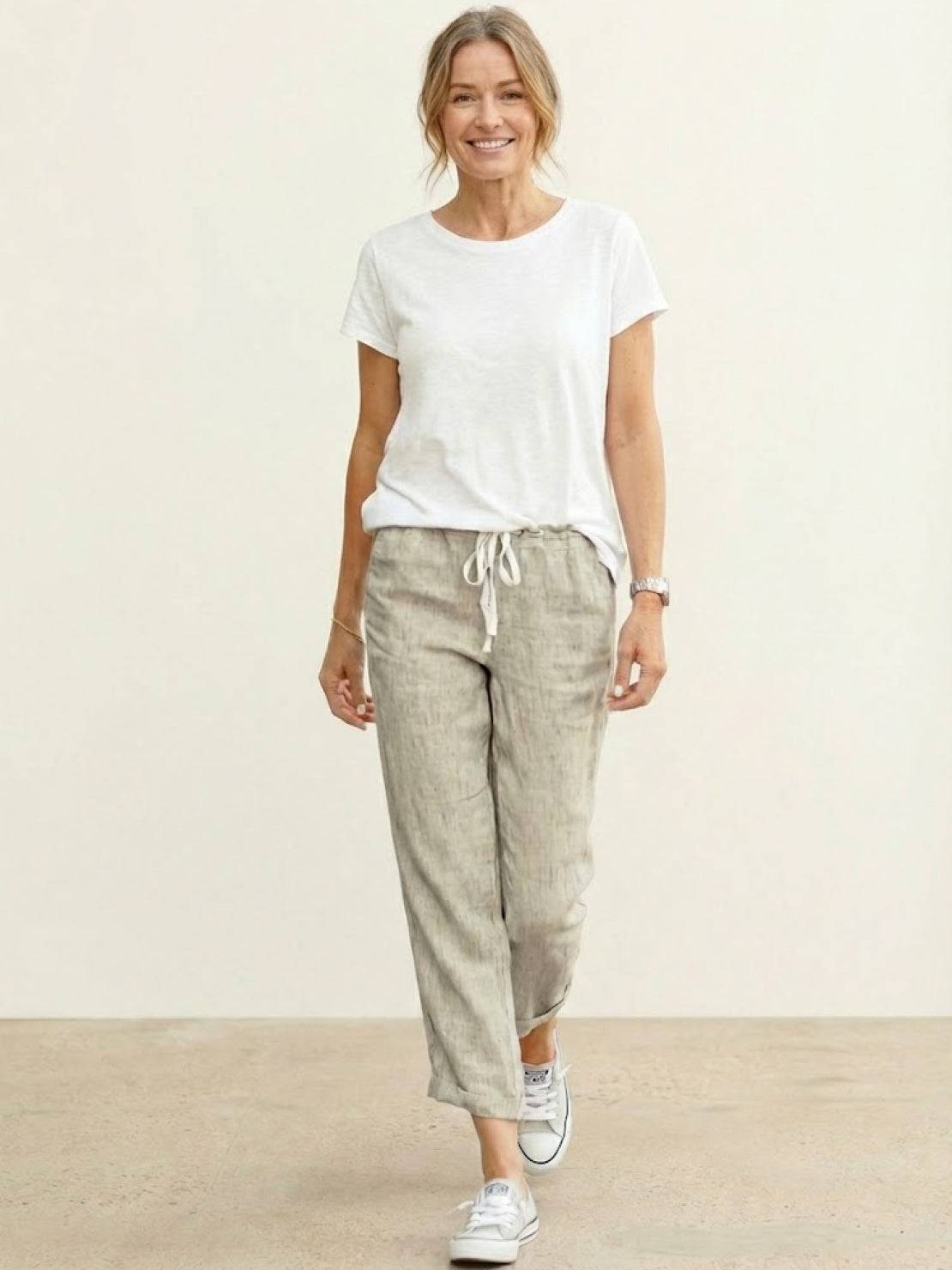 Linen Look Drawstring Waist Tapered Pants 10
