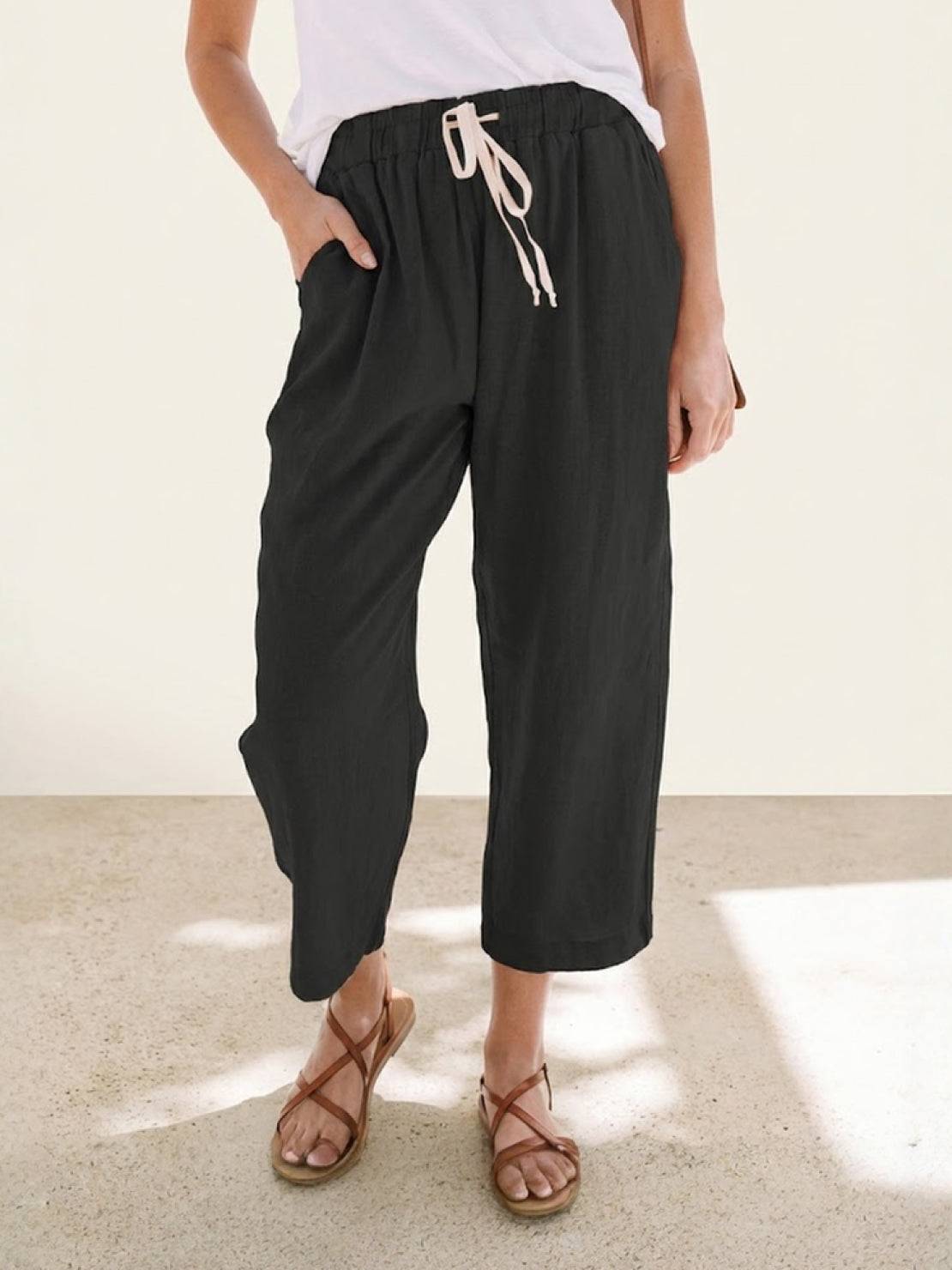 Linen Look Drawstring Waist Tapered Pants 3
