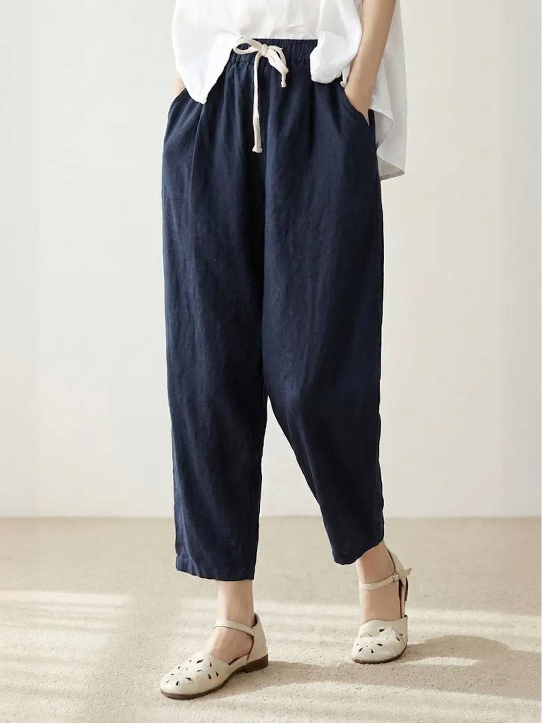 Linen Look Drawstring Waist Tapered Pants 6