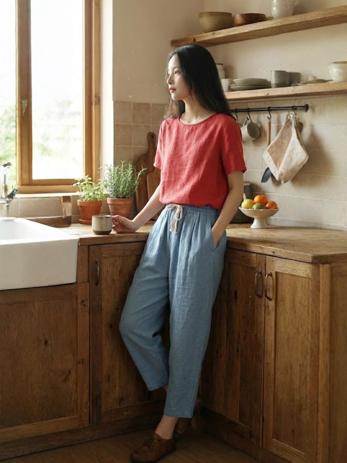 Linen Look Drawstring Waist Tapered Pants 25