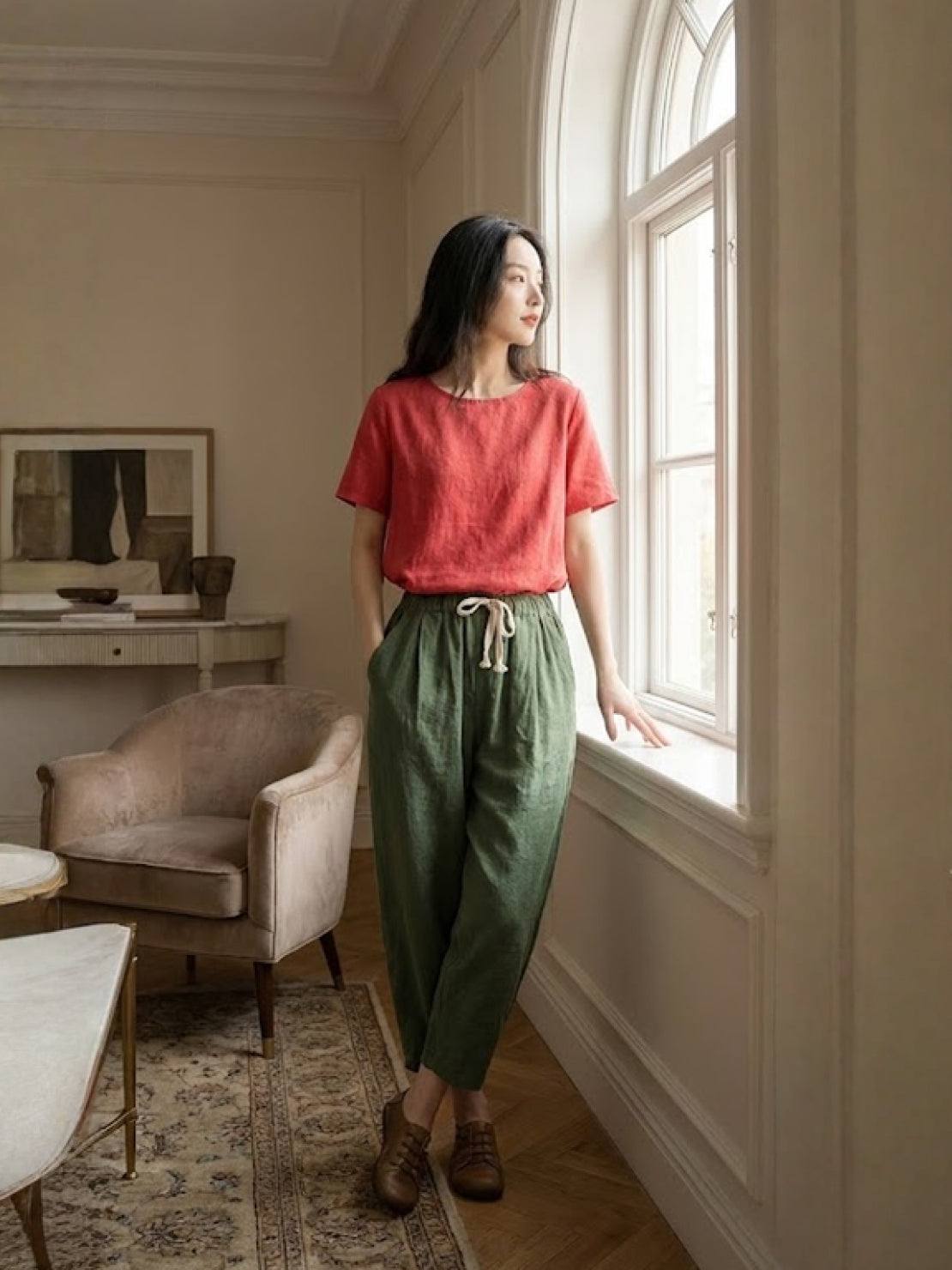 Linen Look Drawstring Waist Tapered Pants 29