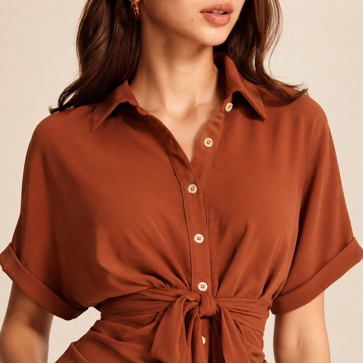 Collared Short Sleeve Tie Front Ruched Shirt Dress 2