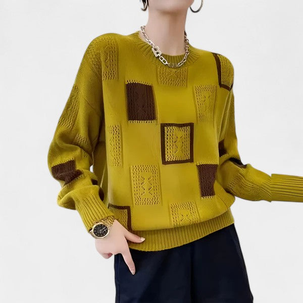 Crew Neck Patchwork Pointelle Knit Sweater 3