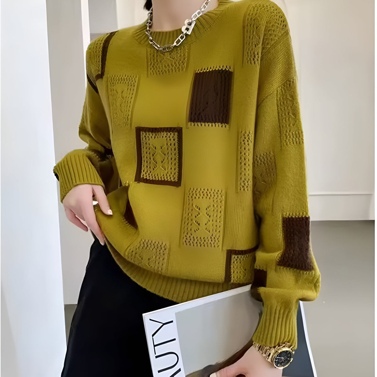 Crew Neck Geometric Patchwork Pointelle Knit Sweater 4