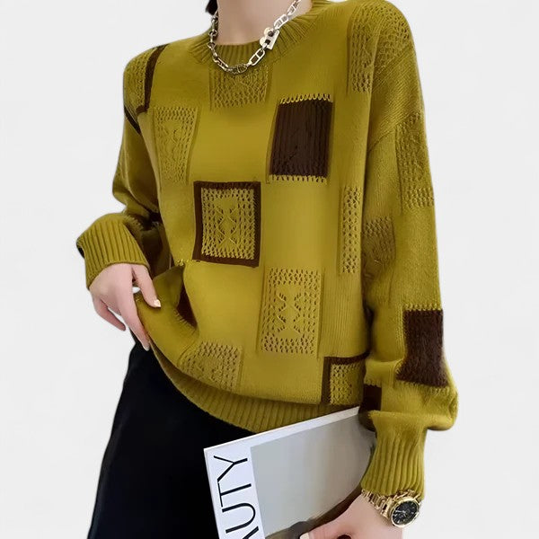 Crew Neck Patchwork Pointelle Knit Sweater 4