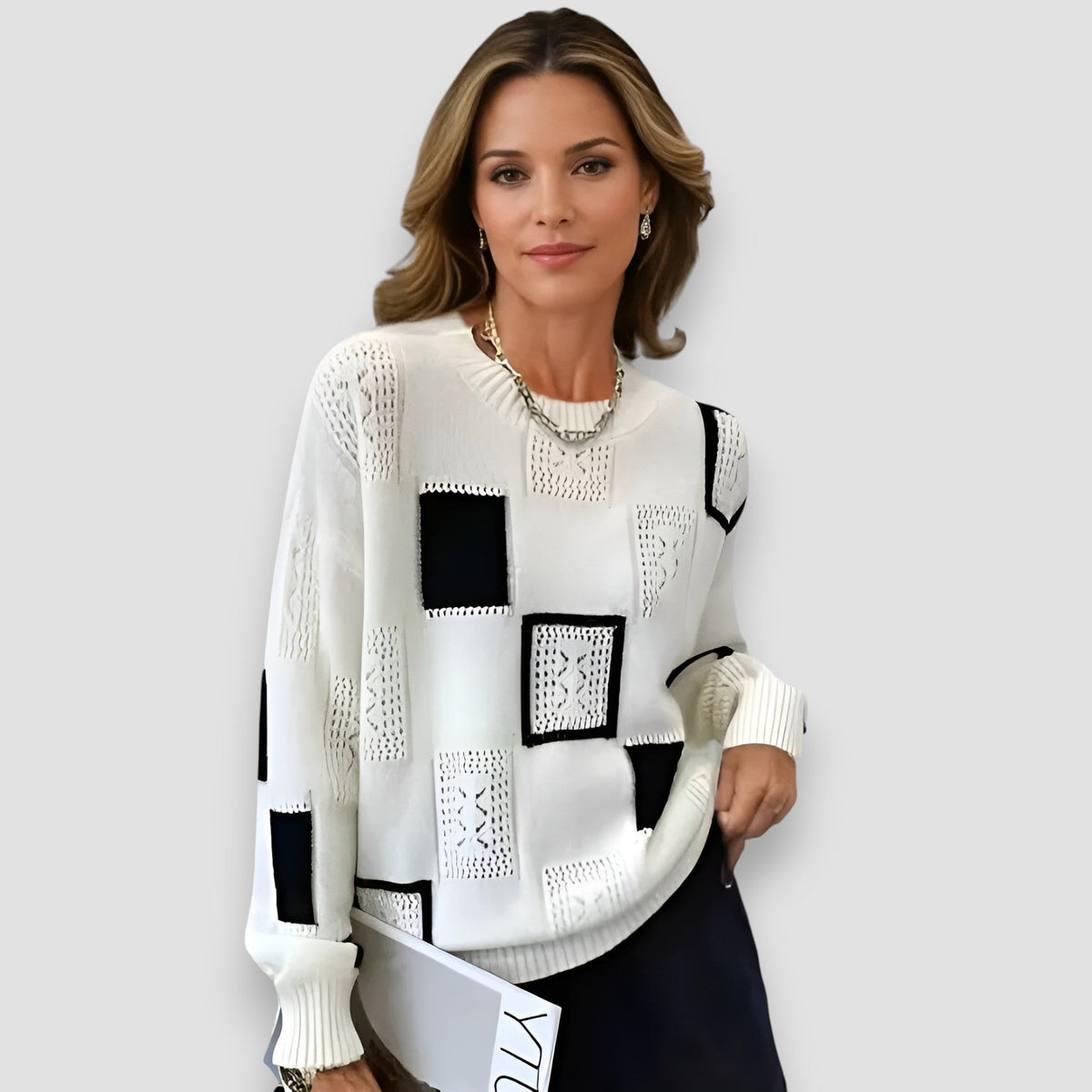 Crew Neck Geometric Patchwork Pointelle Knit Sweater