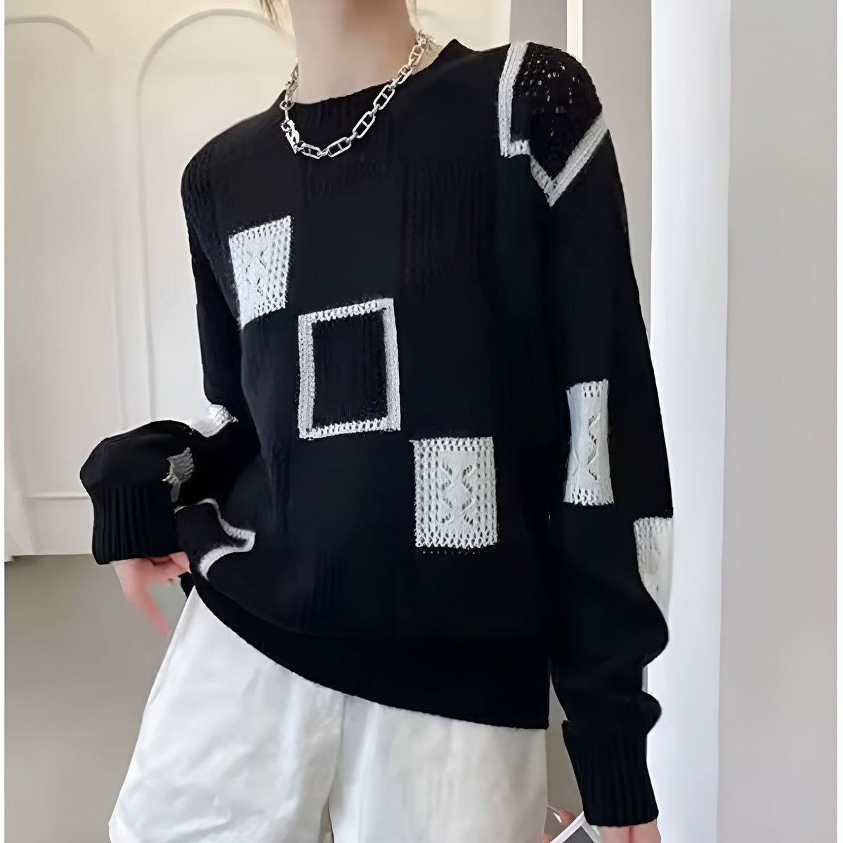 Crew Neck Geometric Patchwork Pointelle Knit Sweater 6