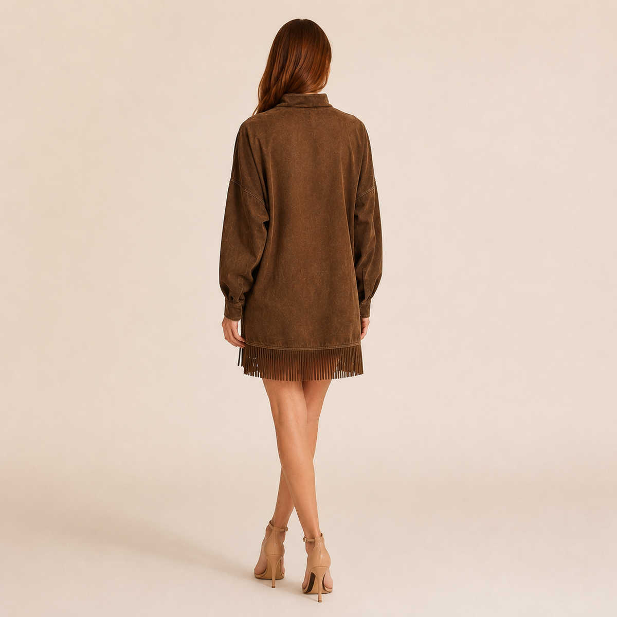 Mock Neck Long Sleeve Fringe Hem Oversized Mini Dress 7