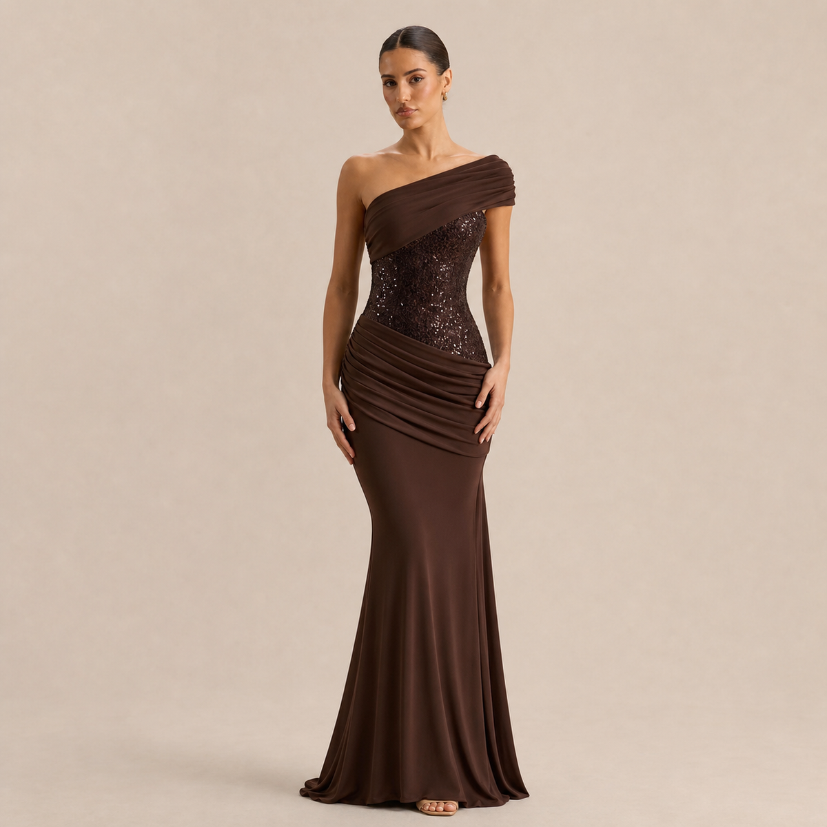 One Shoulder Sequin Corset Ruched Fishtail Maxi Gown