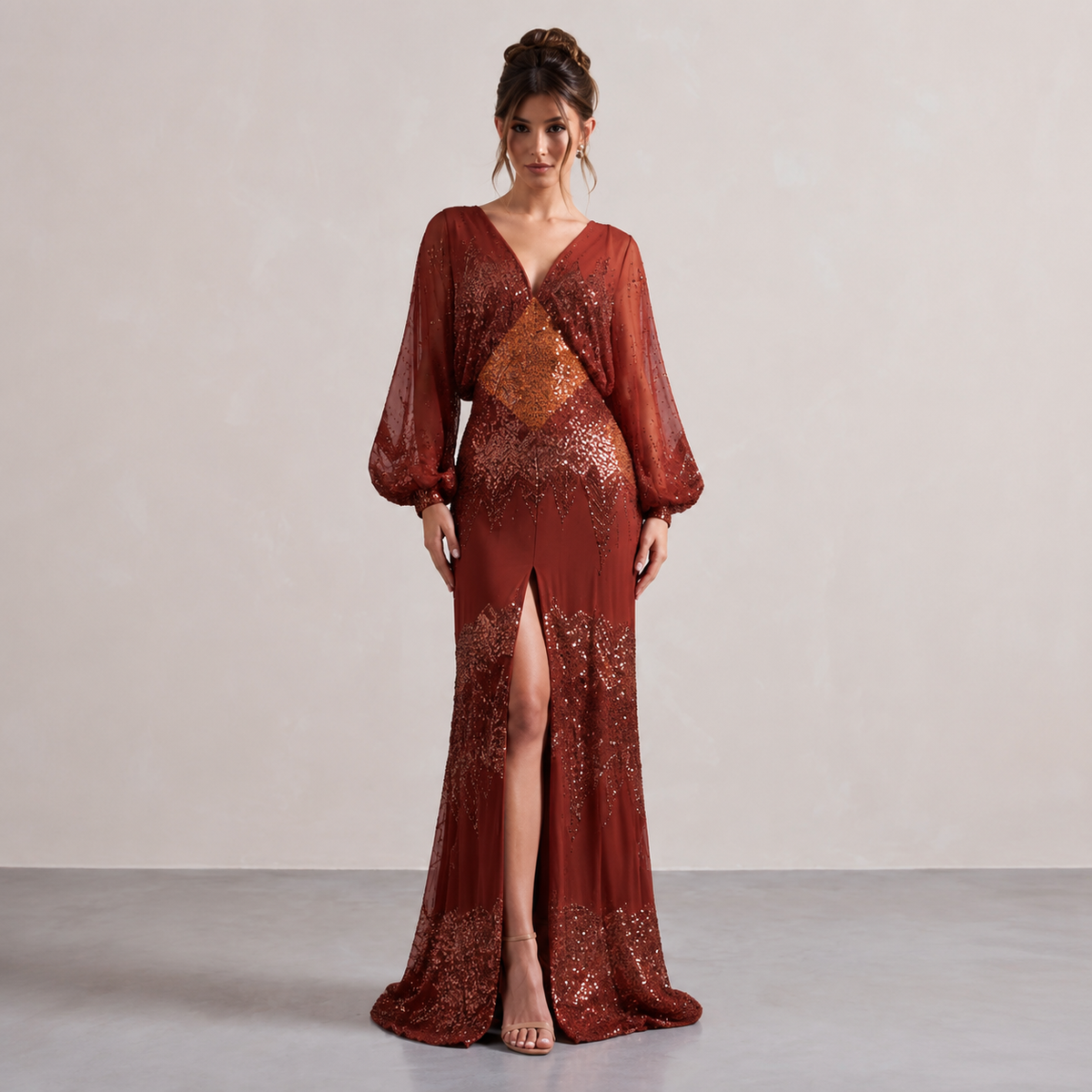 Sequin V-Neck Balloon Sleeve High Split Maxi Gown 10