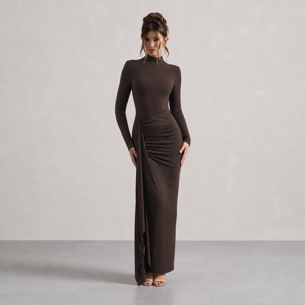 High Neck Long Sleeve Ruched Draped Bodycon Maxi Dress