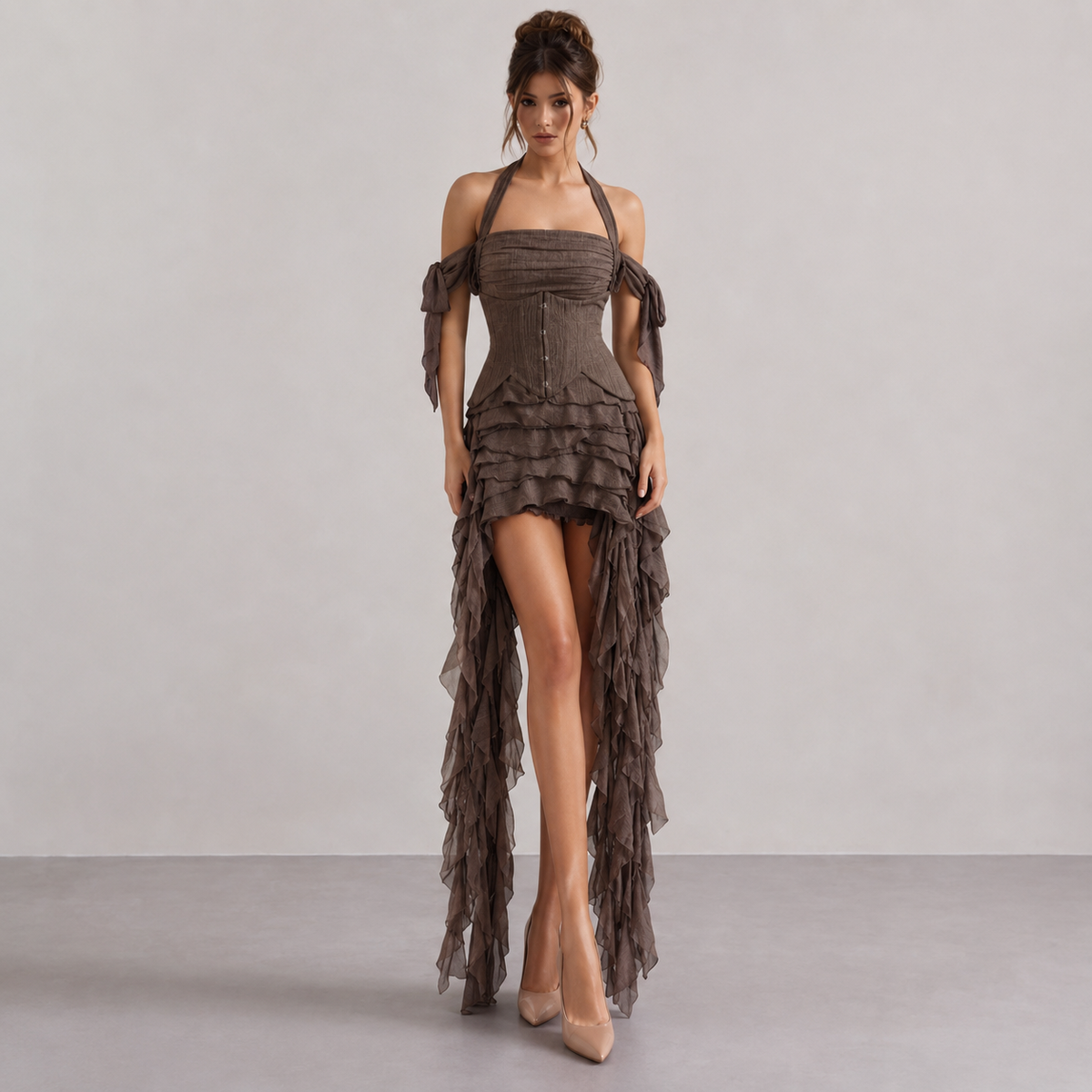 Halter Neck Off Shoulder Corset Ruffle High Low Maxi Dress 10