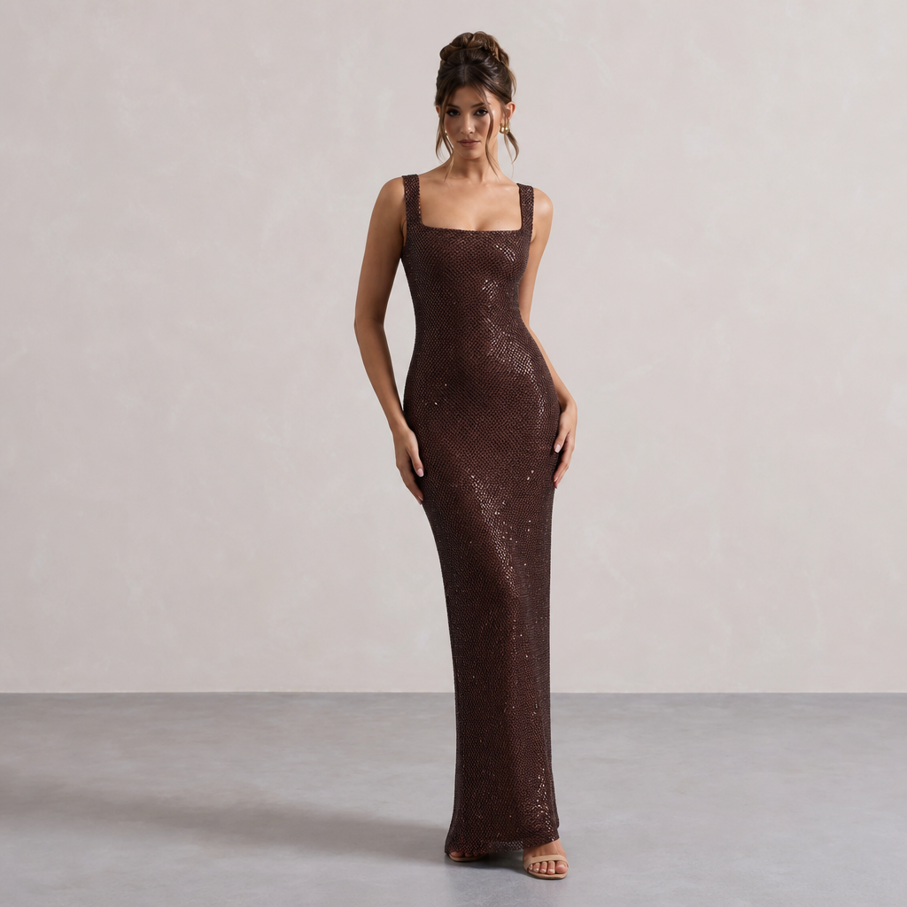 Rhinestone Square Neck Sleeveless Bodycon Maxi Dress 13