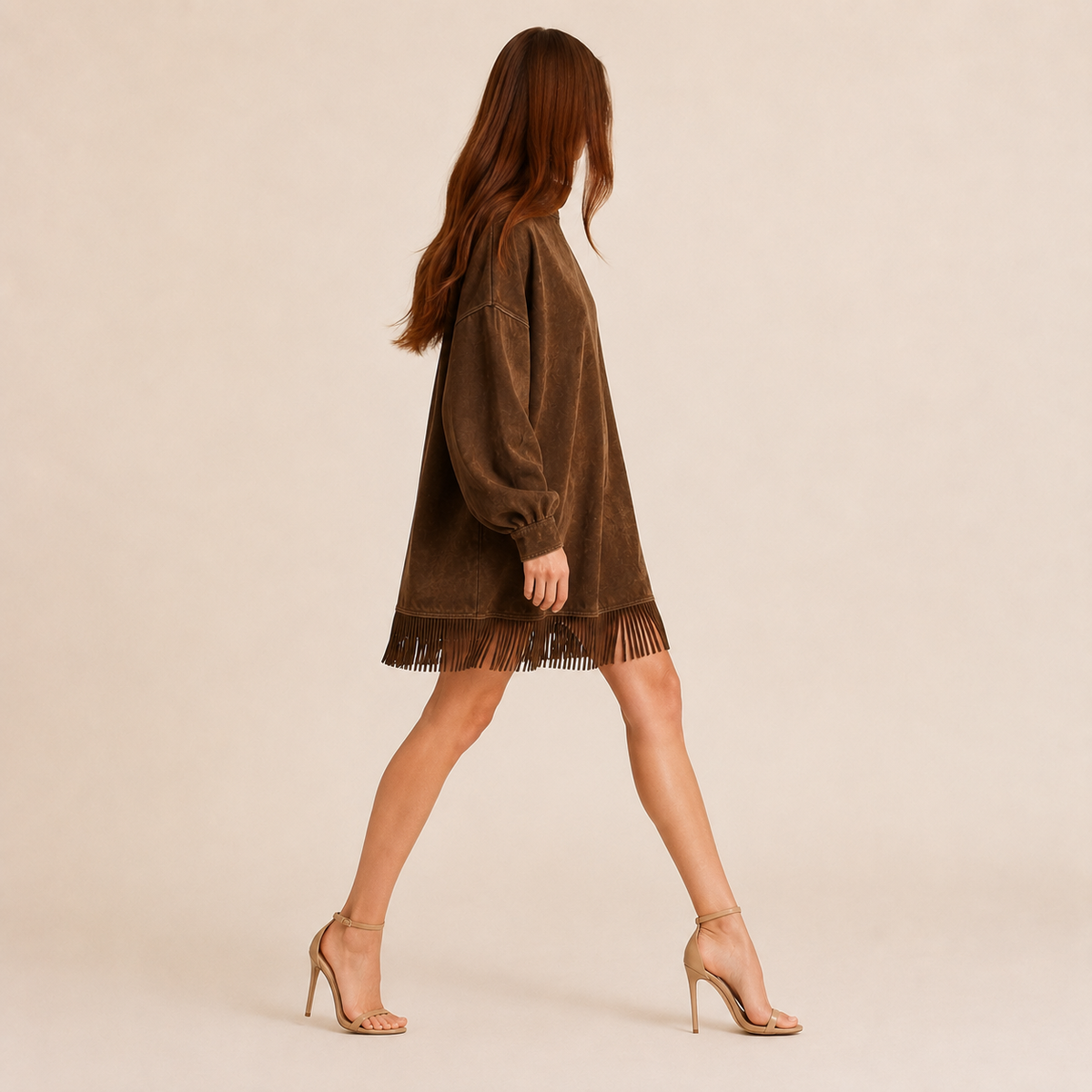 Mock Neck Long Sleeve Fringe Hem Oversized Mini Dress 8